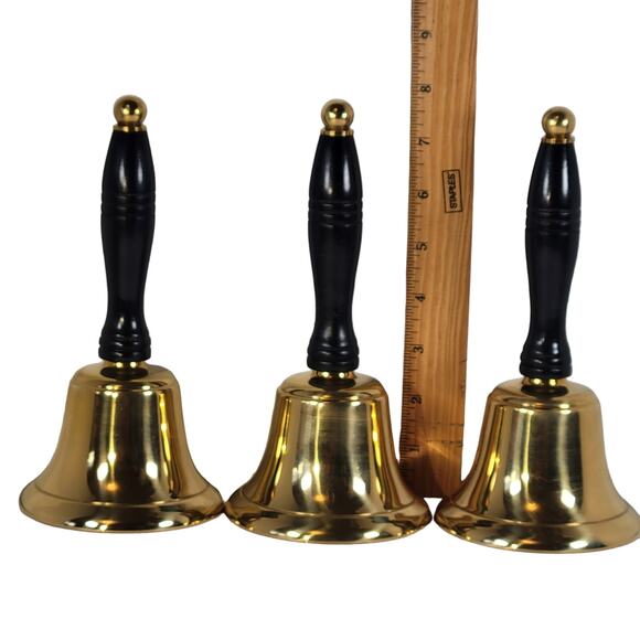 3 Large Brass Bells, Wooden Handles Christmas School Teacher Farm Collectible - Picture 3 of 14